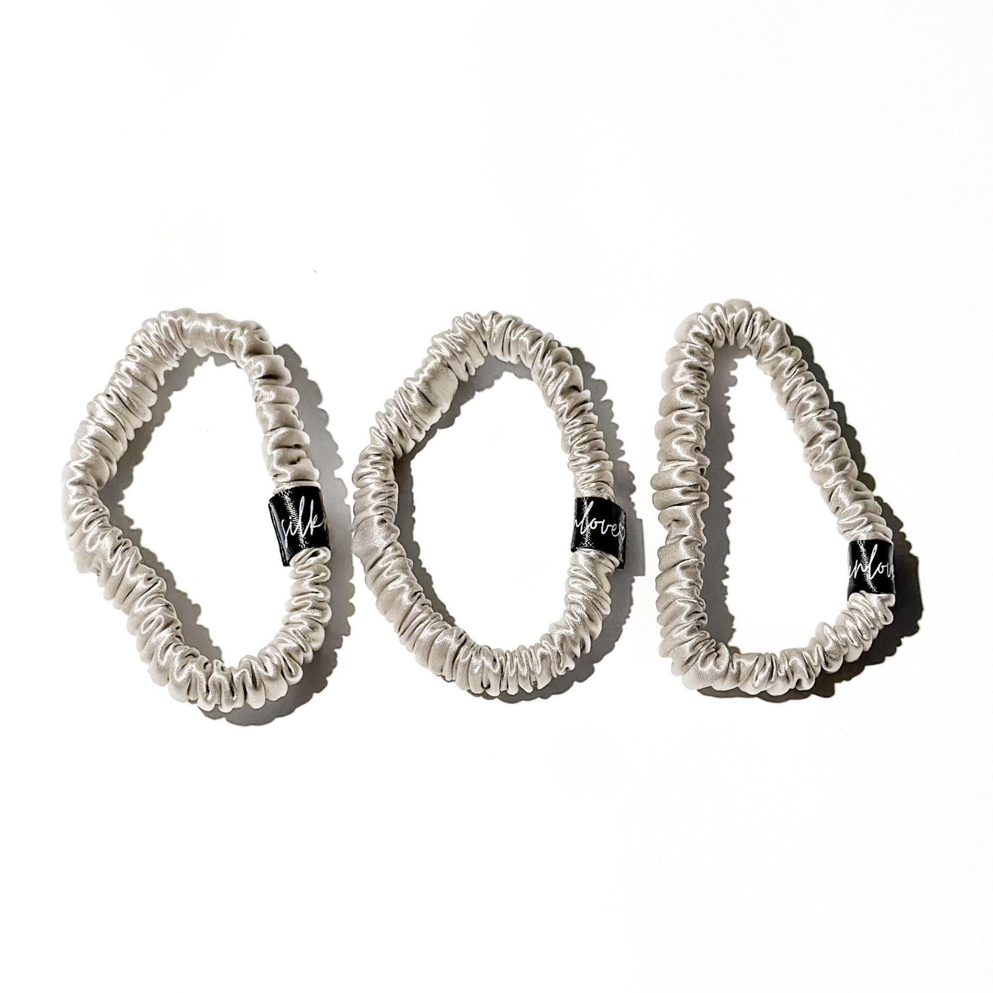 Silver White Silk Scrunchies | Silk Scrunchie Set | Pure Silk | Thin Silk Scrunchies | Skinny Hair Ties | Best Selling Hair Tie | No Damage