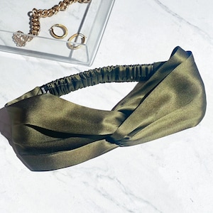 Olive Green Silk Headband | 100% Mulberry Silk | Silky Headband | Stylish Pure Silk Headband | Double Twist Headband | Front Knot Headband