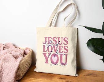 Jesus Loves You Canvas Tote Bag - Cute Farmers Market Bible Church Tote - Gift for Her - Beach Bag - Christian Gifts & Accessories
