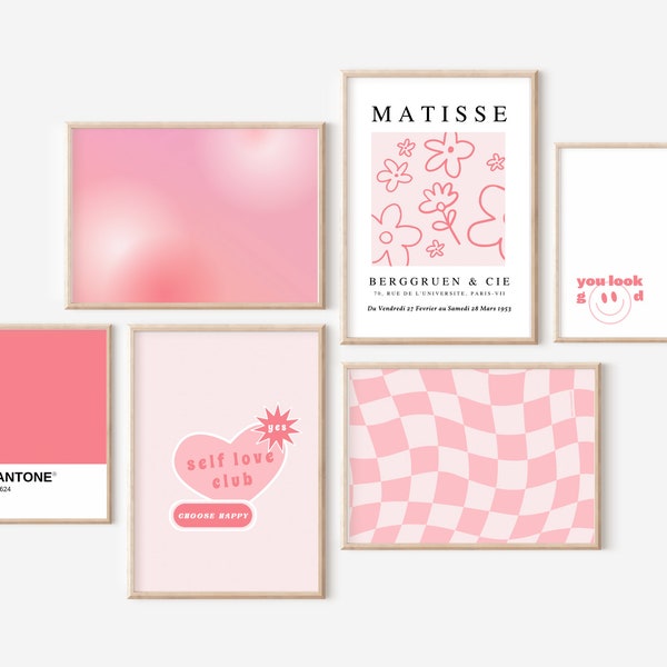 Gallery Wall Set - 6 Digital Prints - Matisse Print - Pink Wall Art - Instant Download - Downloadable Printable Art - Trendy Art - Checkered