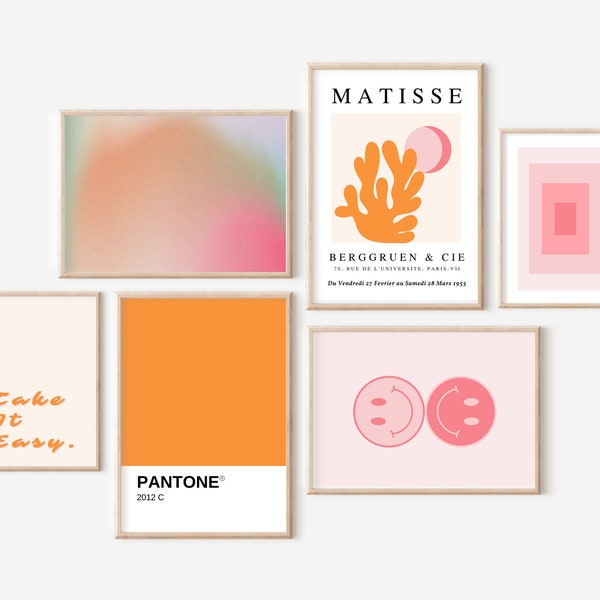 Gallery Wall Set - 6 Digital Prints - Matisse Print - Pink and Orange Wall Art - Instant Download - Downloadable Printable Art - Trendy Art