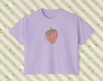 Strawberry Women's Boxy Tee - Fruit Themed Graphic Tee - Cute Cottagecore Comfort Colors Tee -  Gift for Her - Positive Quote