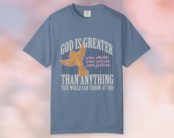 God is Greater Unisex T-shirt - Retro Graphic Tee - Faith Streetwear Comfort Colors Tee - Religious Gift for Him or Her - Bible Verse Shirt