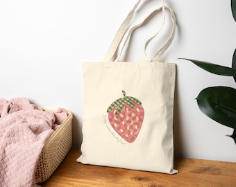 Strawberry Fruit Canvas Tote Bag - Cute Farmers Market Book Church Tote - Gift for Her - Beach Bag - Cute Gifts & Accessories