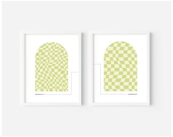 Perfectly Imperfect Set of 2 Prints - Funky Checkered Wavy Retro - Digital Art Print - Green and Yellow Printable Wall Art - Trendy