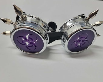Cyber goggle with Spikes and acrylic lenses laser cut  in Bio Hazards symbol,Cyber Gothic Burning man cosplay