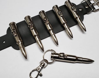 Leather bracelet and a key Chain with real recycled .308 caliber bullets and skull heads.Gothic Punk Biker jewelry