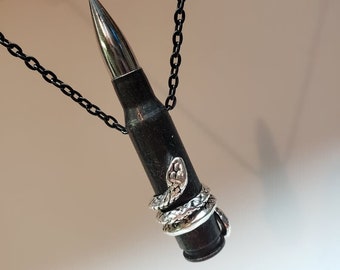 Fired Brass .308 caliber bullet & snake necklace with 24" chain.Gothic Biker Punk