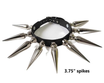 Leather Choker with 9 long tree spikes 3.75" high,Punk Goth Metal