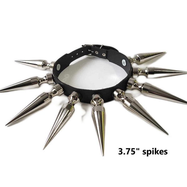 Leather Choker with 9 long tree spikes 3.75" high,Punk Goth Metal