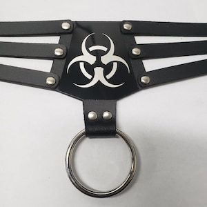 Cyber Gothic Punk Leather Choker with Bio Hazard design laser etched  on Black Aluminum plate