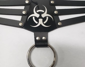 Cyber Gothic Punk Leather Choker with Bio Hazard design laser etched  on Black Aluminum plate