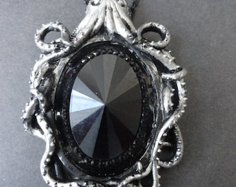 Antique Silver Resin Vintage Octopus Frame size 39mm x 65mm  with Black Acrylic Cabochon and Black Plated chain 24" long ( 60 cm )