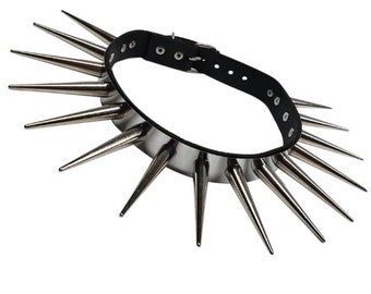 Leather Choker with a stainless steel plate and 2.20" ( 56 mm ) long cone spikes