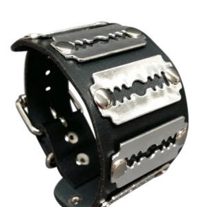 Gothic Punk Biker real leather bracelet with 6 Razor Blade studs