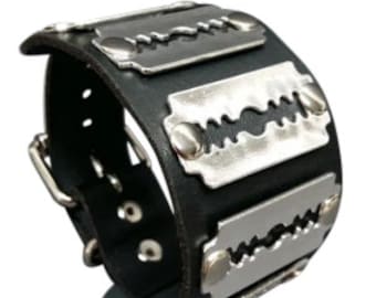 Gothic Punk Biker real leather bracelet with 6 Razor Blade studs