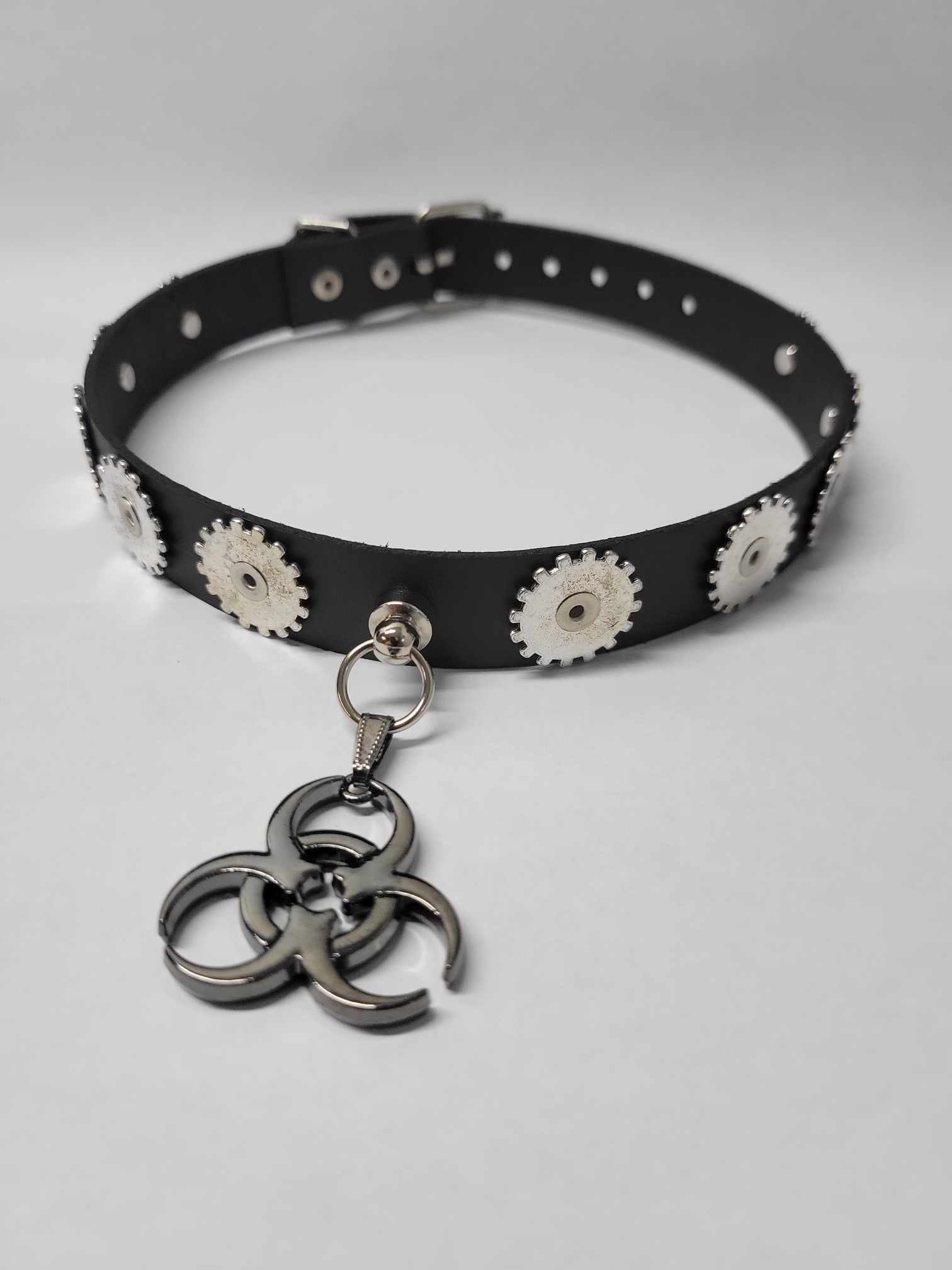 Leather Choker with cogs Biohazard pendant,Cyber goth punk