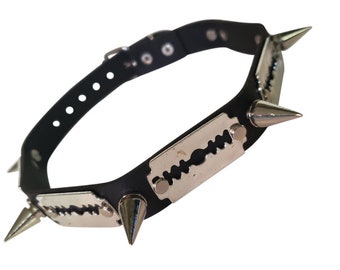 Cyber Gothic Punk Leather Choker with Razors & Spikes