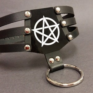 Cyber Gothic Punk Leather Choker with Pentagram design laser etched  on Black Aluminum plate
