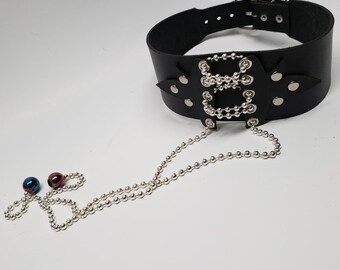 Goth Punk Leather Choker with ball chains and iridescent beads