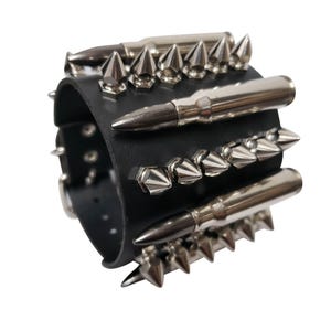 leather wide cuff bracelet with .308 Caliber dummy bullets and faceted spikes,Gothic Punk Biker Cosplay