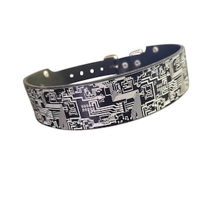 Cyber Gothic Punk Leather Choker with PCB (printed circuit board)  laser etched  on Black Aluminum plate