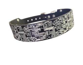 Cyber Gothic Punk Leather Choker with PCB (printed circuit board)  laser etched  on Black Aluminum plate