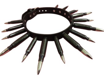 Goth Punk Heavy Metal Leather Choker with real fired  bullets