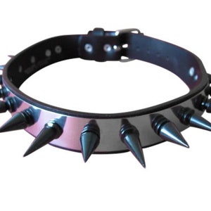 Goth Punk Heavy Metal Leather Choker with Stainless Steel plate and Black Spikes