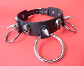 Goth Punk Leather Choker with hoops and skulls