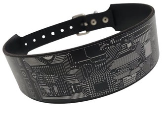 Cyber Gothic Punk Leather Choker with PCB (printed circuit board)  laser etched  on Black Aluminum plate