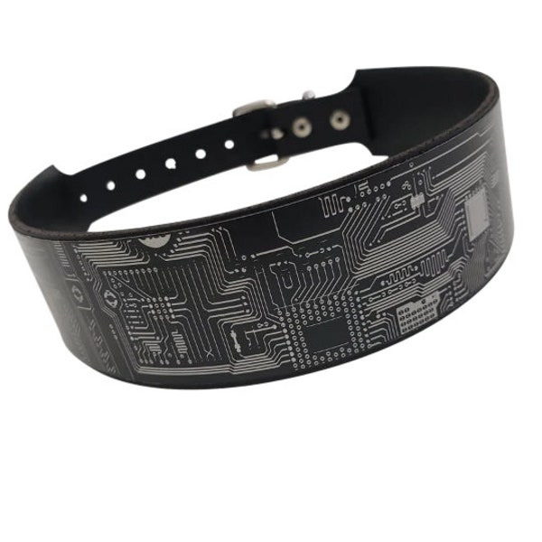 Cyber Gothic Punk Leather Choker with PCB (printed circuit board)  laser etched  on Black Aluminum plate