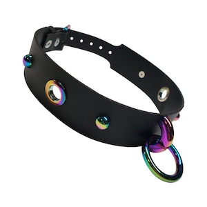 Choker with Black Leather and iridescent hardware,Cyber Gothic Rave Cosplay
