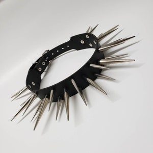 May include: Black leather choker with silver spikes. The choker is studded with silver spikes that point outwards.