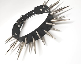 Leather Choker with spikes.Long cone spikes choker.Gothic fashion. Punk Jewelry.heavy metal cyber cosplay biker