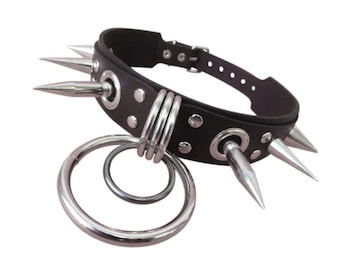 Leather Choker with hoops and spikes,Gothic Punk Biker