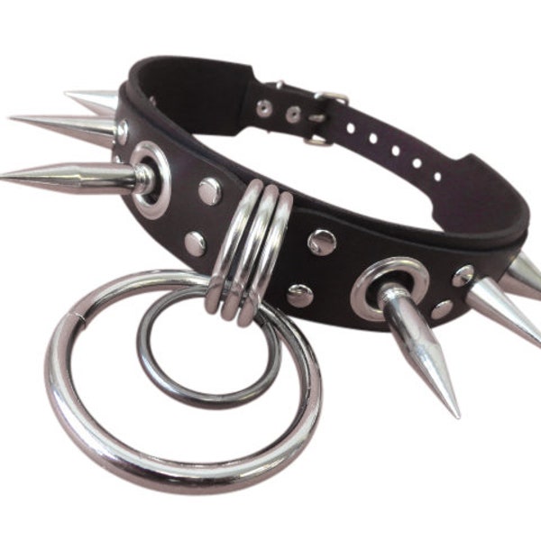 Leather Choker with hoops and spikes,Gothic Punk Biker