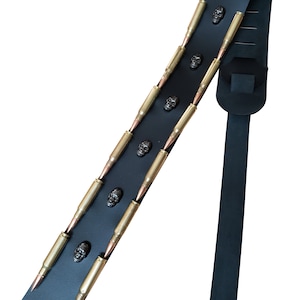 Guitar strap with real leather and .308 caliber spent bullets and skull heads,Heavy metal punk rock