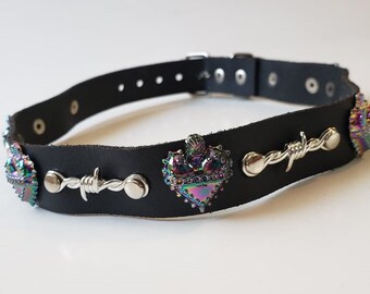 Leather Choker with barbed wire and iridescent heart, Goth Punk Biker Fetish cosplay