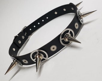Leather Choker with cogs and spikes,Cyber Goth Punk