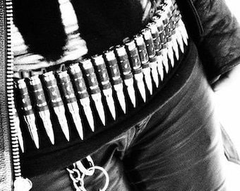 Cinturón de bala, cinturón punk, cinturón gótico, cinturón de bala de metal pesado, moda punk, moda gótica, accesorios de cosplay, cinturón de traje, traje del ejército, .308 cal