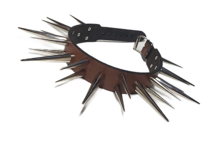 Leather Choker with spikes.Long cone spikes choker.Gothic fashion. Punk Jewelry.heavy metal cyber cosplay biker