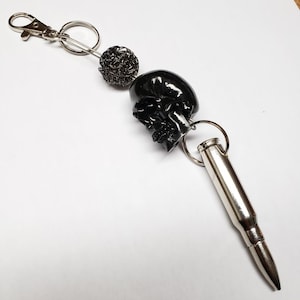 Key chain with real .308 caliber bullet,Resin Skull & wire bead,Punk Gothic Biker