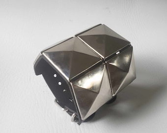 Leather wide cuff bracelet wristband with 6 Mega Pyramids nail heads.Great Metal & Leather look