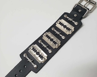 Gothic Punk Biker real leather bracelet with 6 Razor Blade studs