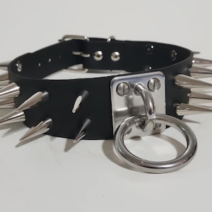 Leather Choker with cone spikes and O ring Plate.Punk Goth Metal