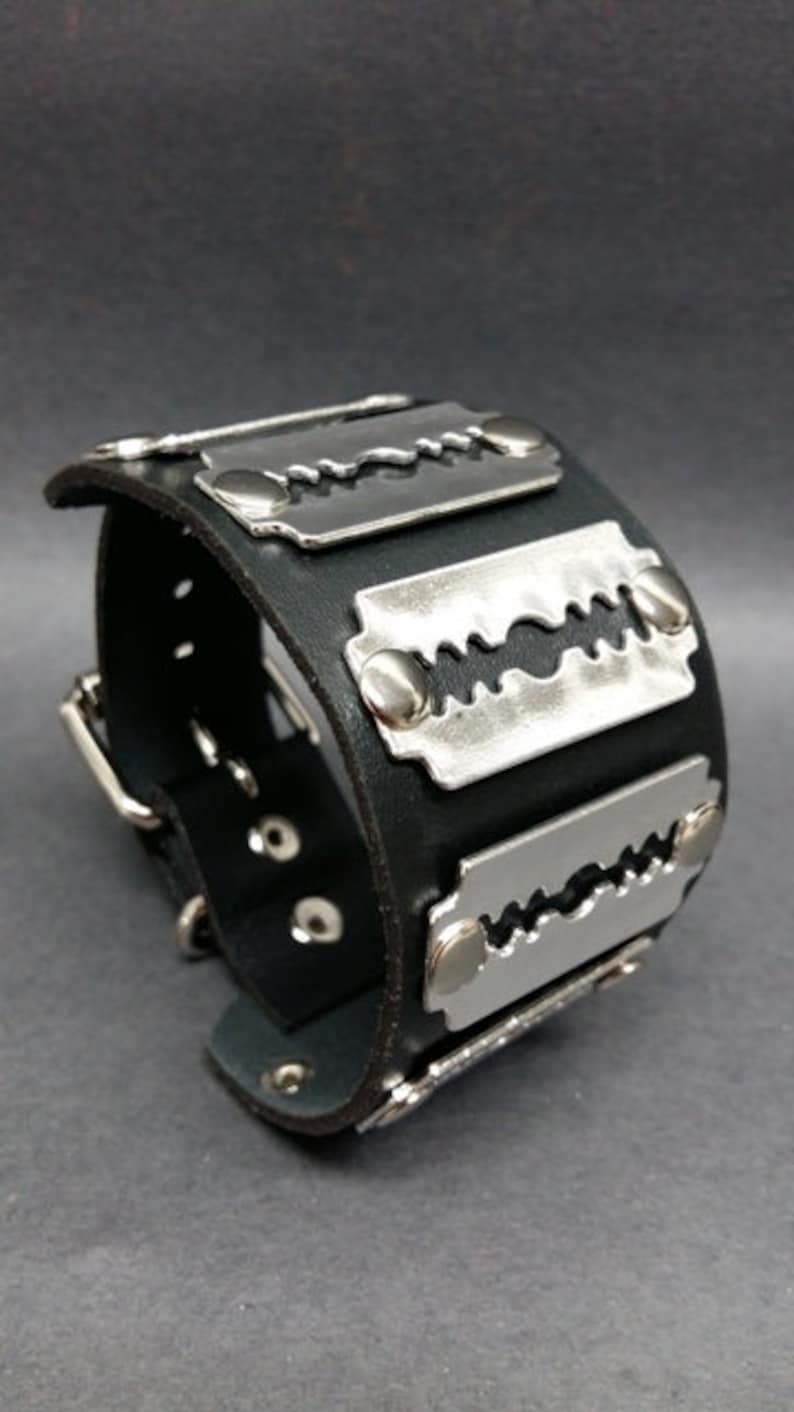 Gothic Punk Biker Real Leather Bracelet With 6 Razor Blade - Etsy