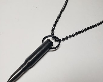 Fired Brass .308 caliber bullet necklace with 20" long Stainless Steel chain , all plated BLACK , Gothic Punk Biker