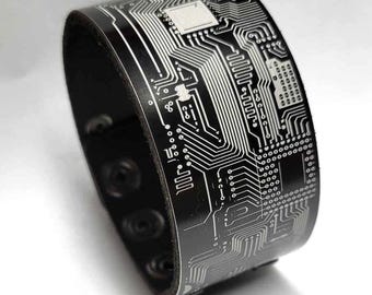 Cyber Gothic Punk Leather Bracelet with PCB (printed circuit board)  laser etched  on Black Aluminum plate