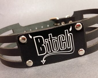 Cyber Gothic Punk Leather Choker with BITCH laser etched  on Black Aluminum plate